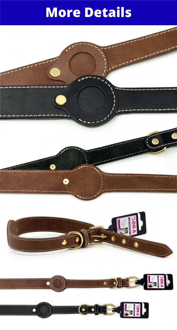 Dog Genuine Leather Tracking Tag Dog Collar Anti Lost With Tag Holder 0