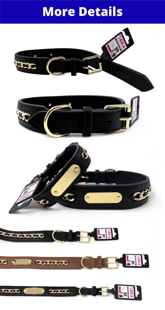 Genuine Leather Dog Collars With Metal Braided Design Engraved Nameplate 0