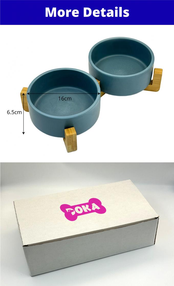 Double Dog Cat Bowl Ceramic With Elevated Wooden Stand Food Water Dish 0