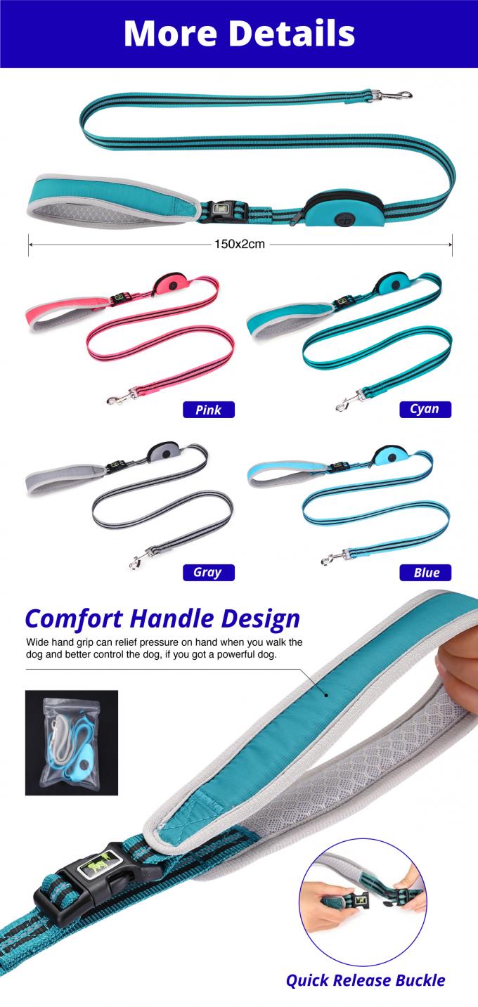 Reflective Padded Nylon Dog Leash With Handle Poop Bag Holder 0
