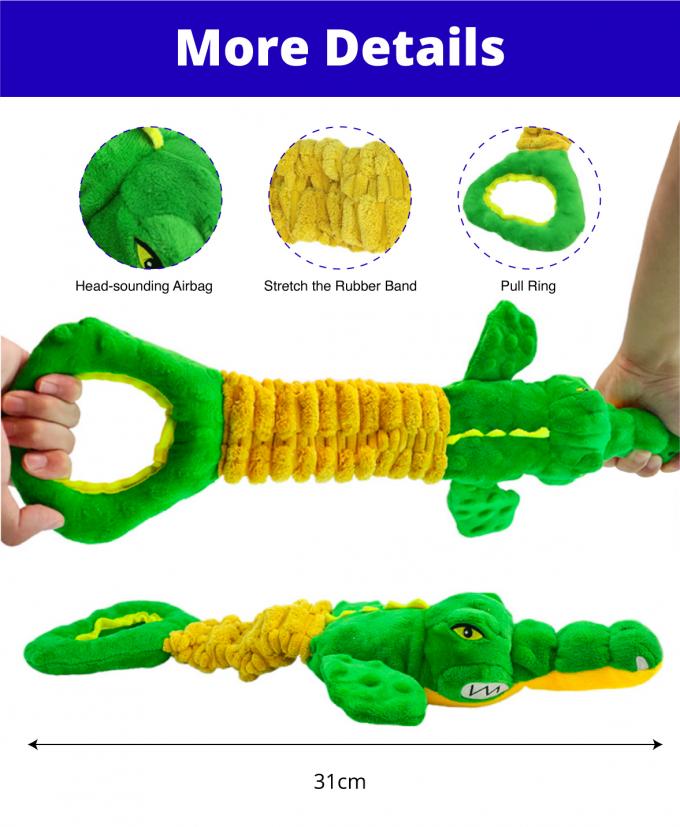 Large Alligator Plush Dog Toy Squeaky Crinkle Chew Toy With Tug Of War Handle 0