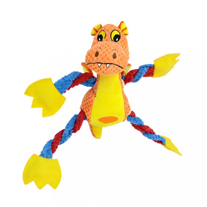 Cute Dragon Squeaky Plush Dog Toy With 5 Squeakers & Crinkle Paper, Rope Chew Toy 0