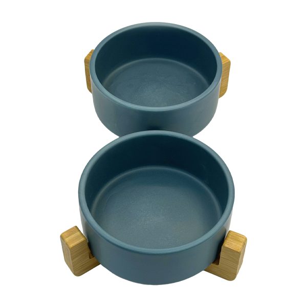 Double Dog Cat Bowl Ceramic With Elevated Wooden Stand Food Water Dish Double Dog Cat Bowl Ceramic With Elevated Wooden Stand Food Water Dish