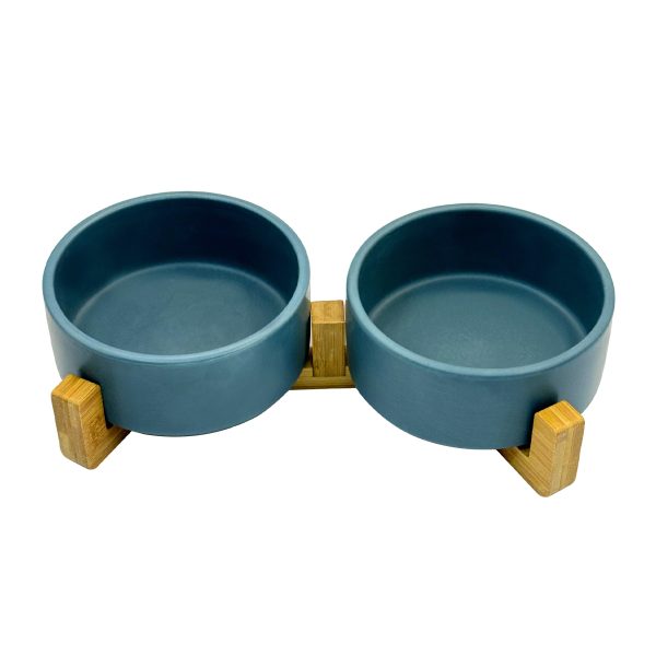 Double Dog Cat Bowl Ceramic With Elevated Wooden Stand Food Water Dish Double Dog Cat Bowl Ceramic With Elevated Wooden Stand Food Water Dish