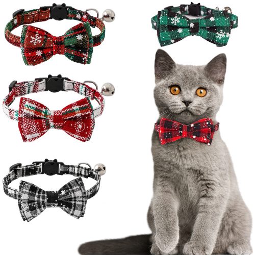 Christmas Plaid Pet Bow Tie Collar For Cats Dogs, Cute Adjustable Kitten Collar With Bowknot